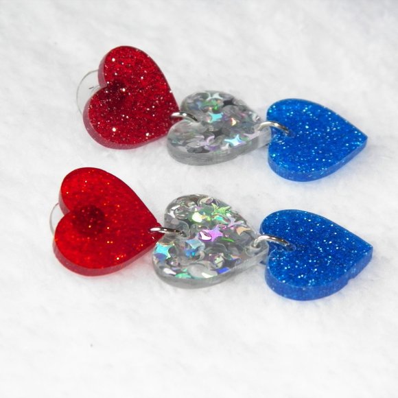Silver Patriotic Heart Dangle Earrings 2-sided Glitter Acry - Picture 4 of 5